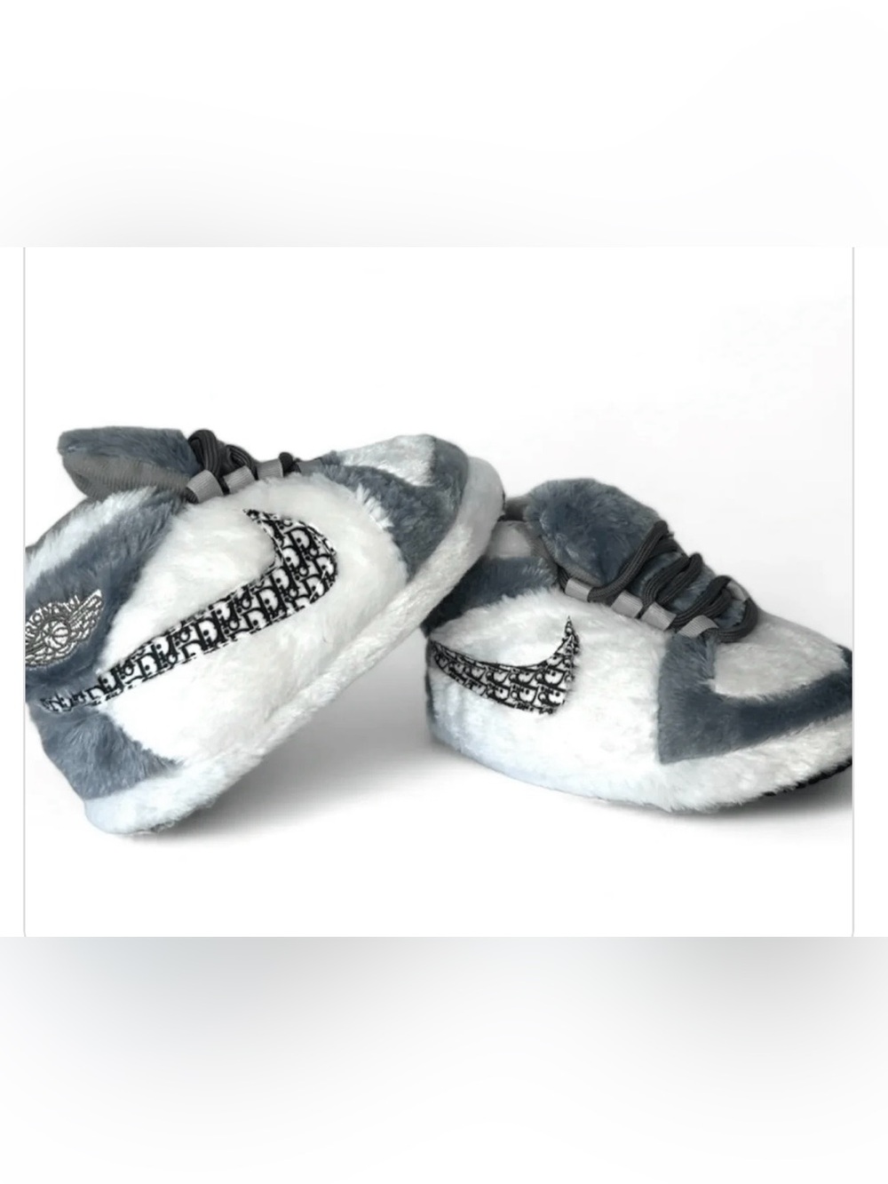 Kids Nike Style Plush Fuzzy Slide Slippers in White, Gray and Black